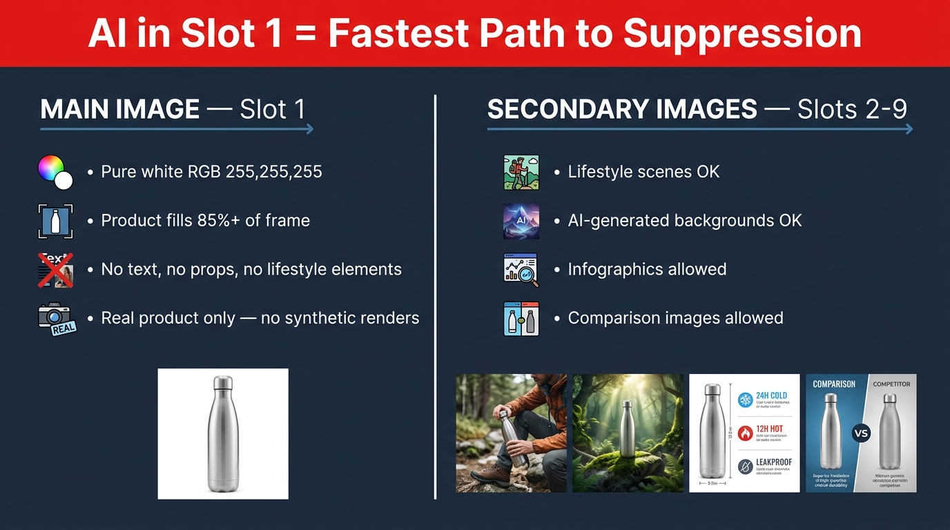 Infographic showing Amazon's two-track image rule — main image slot 1 strict requirements vs. secondary image slots flexibility