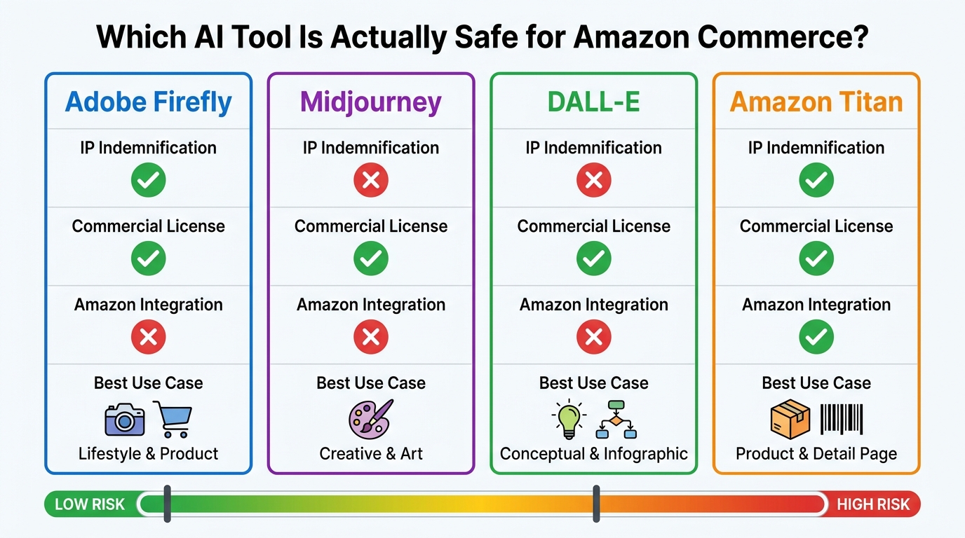 Tool comparison infographic for AI image generation — Adobe Firefly vs. Midjourney vs. DALL-E vs. Amazon Titan for commercial Amazon use