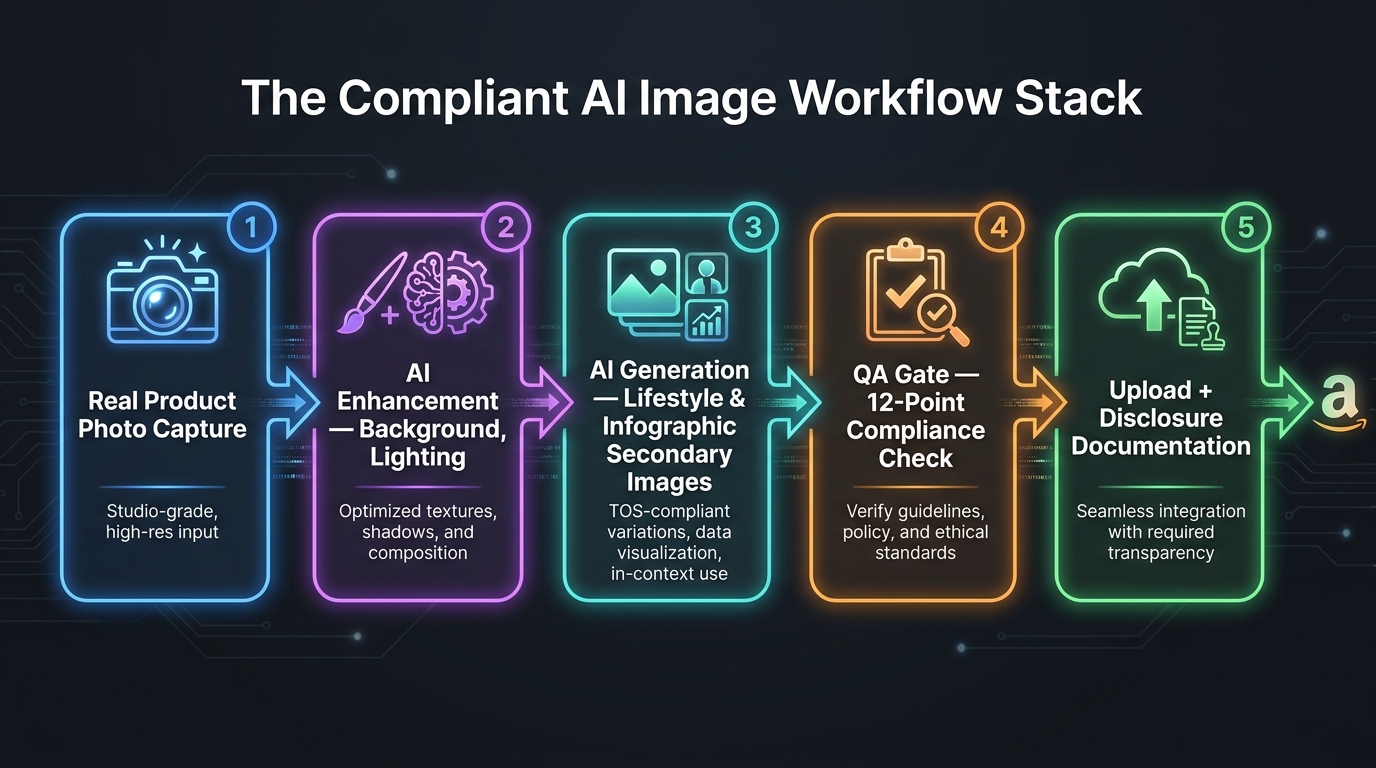 Five-phase compliant AI image workflow stack for Amazon product listings
