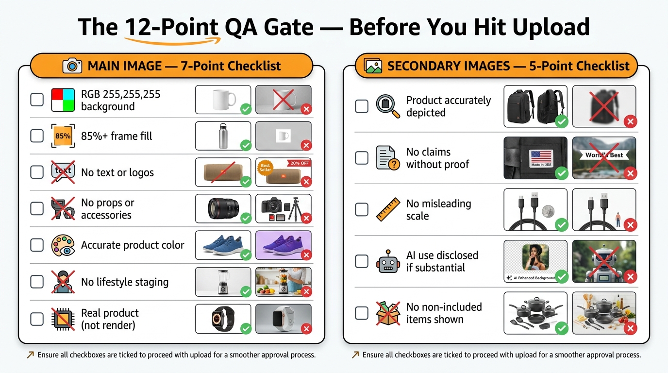 12-point Amazon image compliance checklist — main image and secondary image requirements before upload