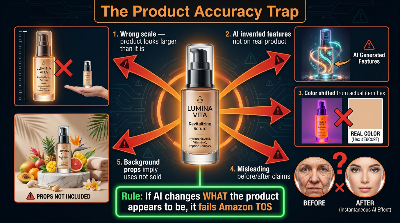 The product accuracy trap — five ways AI-generated Amazon images fail compliance by misrepresenting the real product