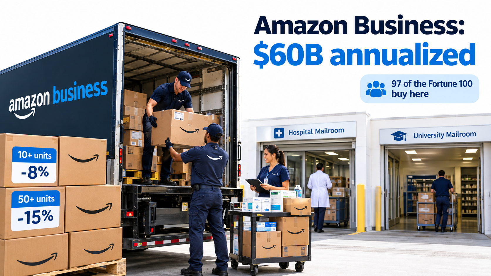Delivery truck unloading bulk supply cartons with tiered quantity discounts at a business loading dock, representing Amazon Business at 60 billion dollars annualized