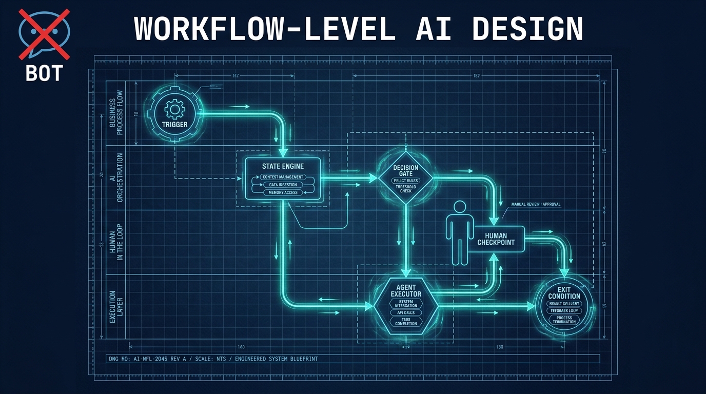 Architectural blueprint of a workflow-level AI automation system showing triggers, state engine, decision gates, human checkpoints, and agent executors — contrasted with a crossed-out simple bot icon