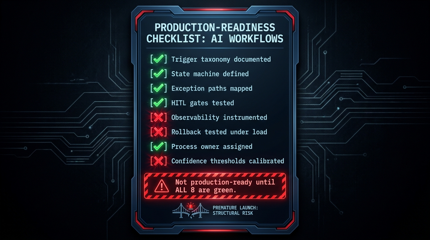 Production readiness checklist with green checkmarks and red X marks for 8 criteria including trigger taxonomy, state machine, exception paths, HITL gates, observability, rollback testing, process owner, and confidence thresholds — red banner reads Not production-ready until ALL 8 are green