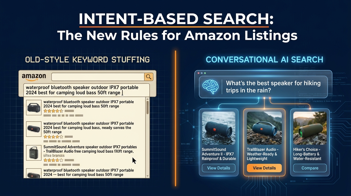 Split-screen showing old keyword-stuffed Amazon search versus modern AI-powered intent-based search with the overlay: INTENT-BASED SEARCH: The New Rules for Amazon Listings