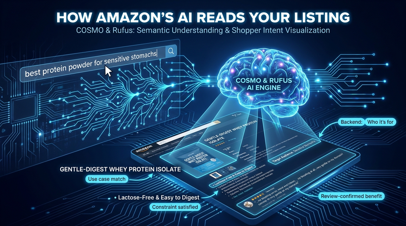 Visualization of Amazon COSMO and Rufus AI reading a product listing with callout labels showing use case match, who it is for, constraint satisfied, and review-confirmed benefit — overlay text reads HOW AMAZON'S AI READS YOUR LISTING