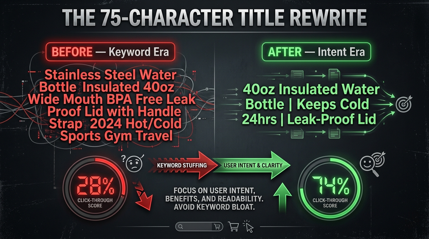 Before and after comparison of an Amazon product title rewrite — BEFORE shows a bloated keyword-stuffed title in red, AFTER shows a clean 75-character intent-focused title in green, with click-through rate scores showing 28% vs 74%