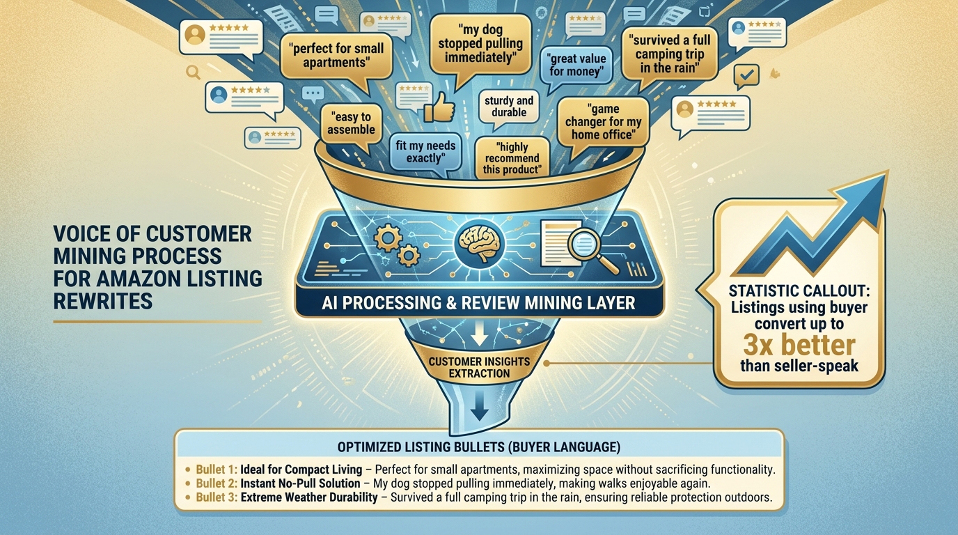 Funnel diagram showing Voice of Customer review mining process — customer review phrases funnel through an AI processing layer to produce optimized listing bullet points — stat callout reads: Listings using buyer language convert up to 3x better than seller-speak