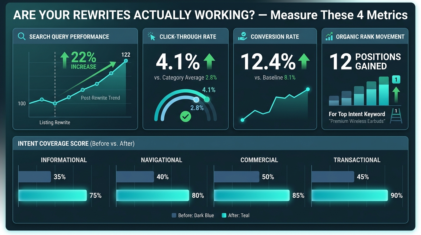Intent measurement scorecard dashboard showing four metric cards — Search Query Performance up 22%, Click-Through Rate 4.1% vs 2.8% average, Conversion Rate 12.4% vs 8.1% baseline, Organic Rank Movement 12 positions gained — with an Intent Coverage Score bar chart showing before and after coverage across all four intent types