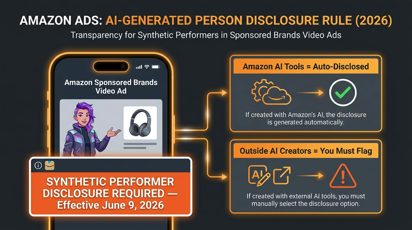 Amazon synthetic performer AI disclosure requirement effective June 9 2026 showing auto-disclosure for Amazon tools and manual flagging for third-party AI