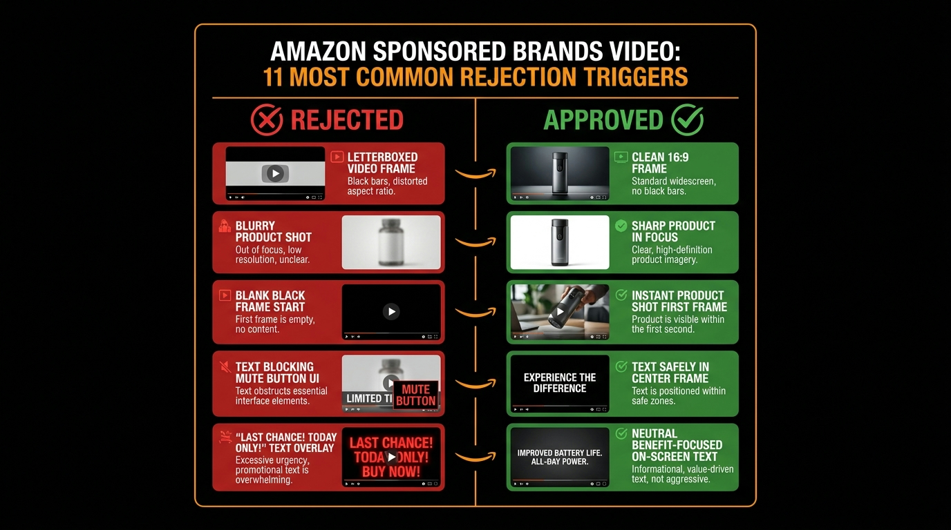 Side-by-side comparison of rejected versus approved Amazon SBV creative showing 11 common rejection triggers