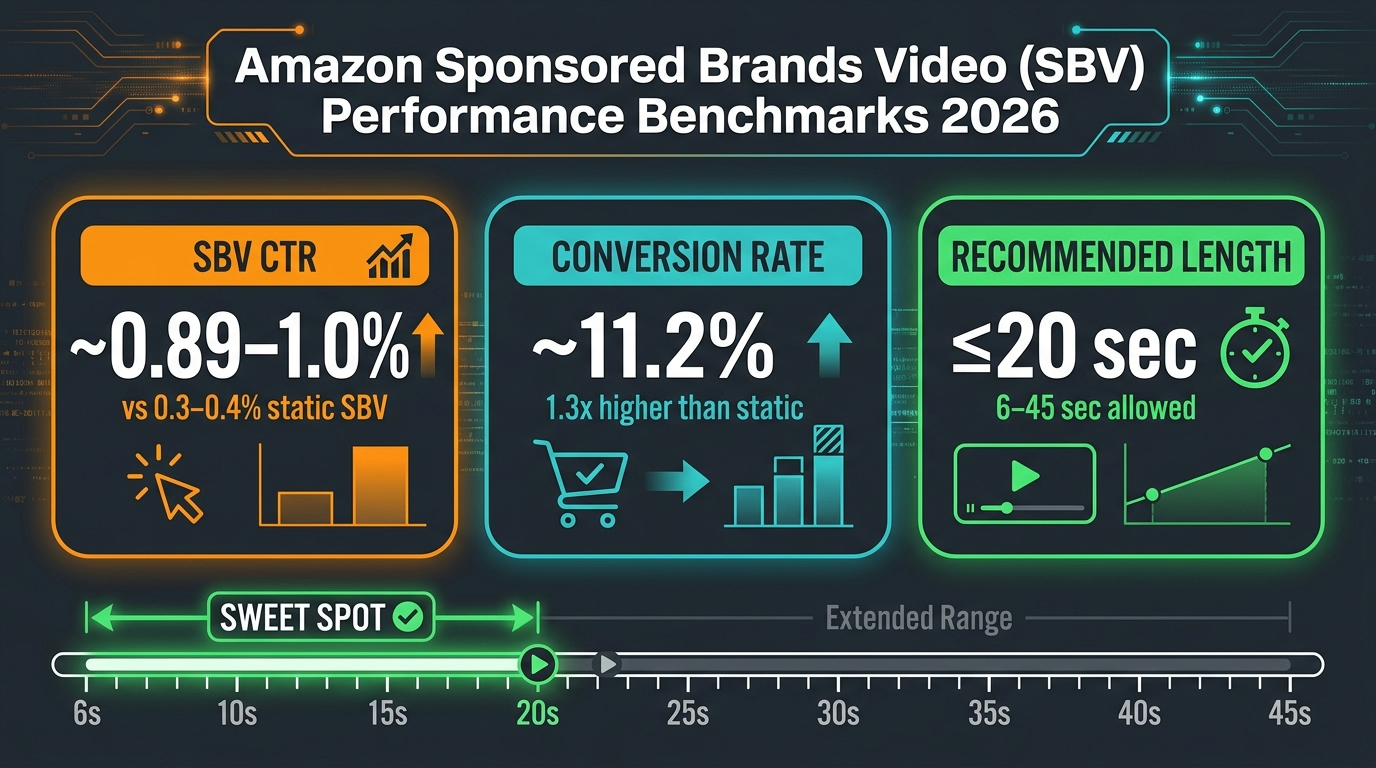 Amazon SBV 2026 performance benchmarks showing CTR of 0.89-1.0 percent conversion rate of 11.2 percent and recommended video length of 20 seconds