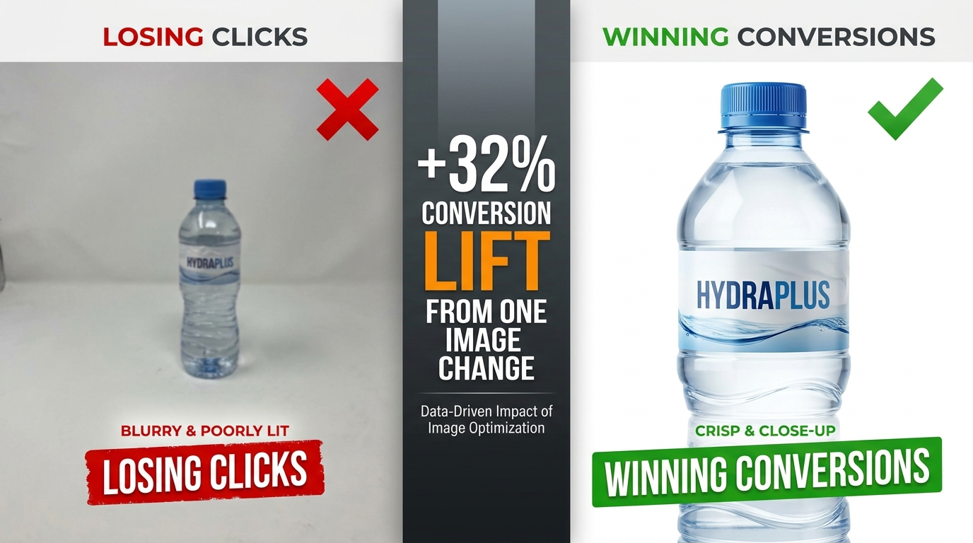 Split-screen comparison: poor Amazon product image losing clicks vs. optimized image winning conversions with +32% conversion lift stat