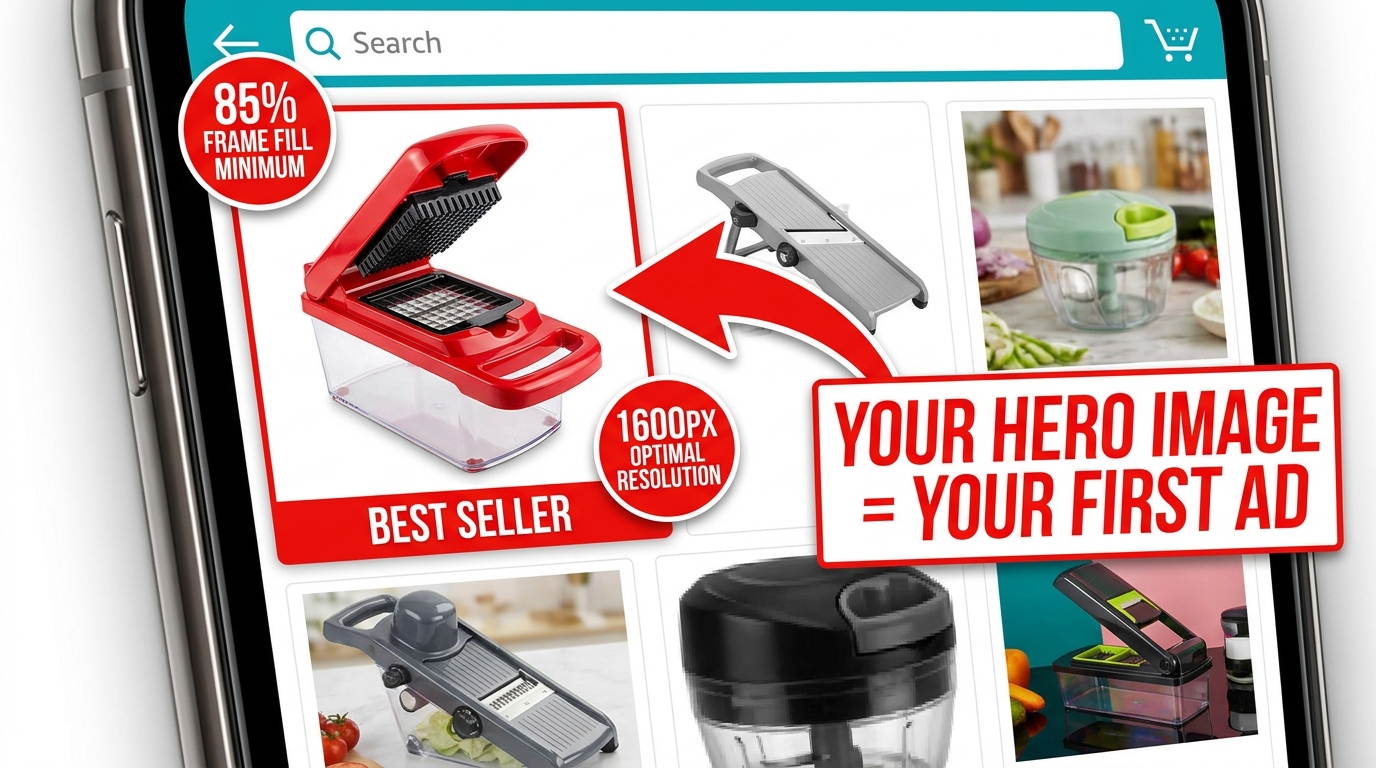 Amazon mobile search grid showing one optimized product thumbnail standing out with 85% frame fill vs. competitors with dead space