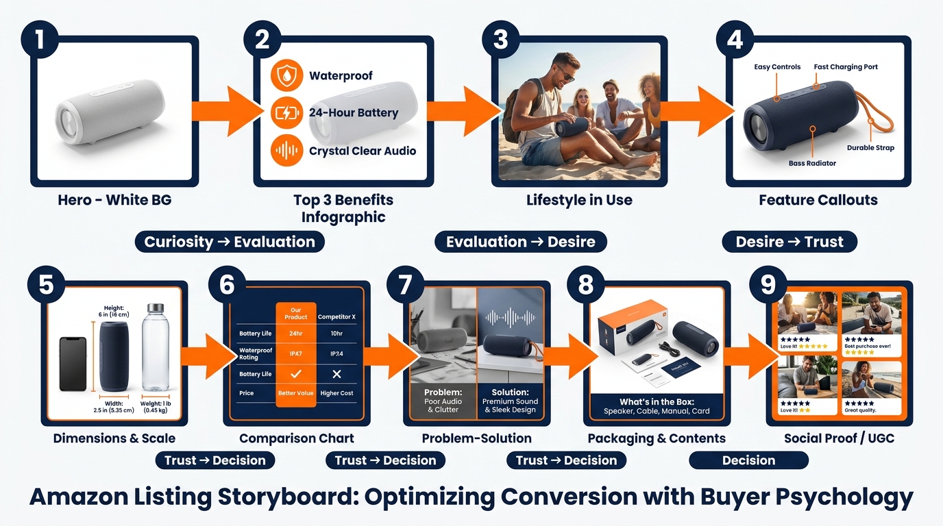 Amazon 9-image slot storyboard sequence showing psychological buyer journey from curiosity through trust to purchase decision