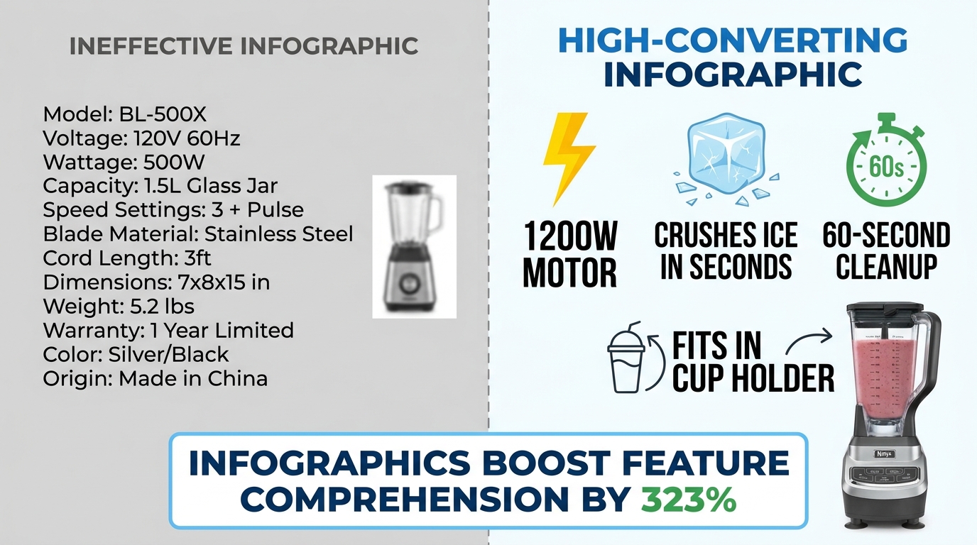 Side-by-side comparison of ineffective cluttered Amazon infographic vs. clean high-converting infographic with 323% comprehension stat