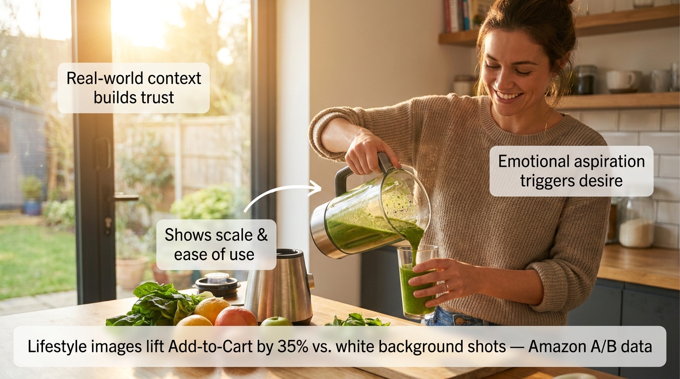 Cinematic lifestyle product photo of woman using blender in bright kitchen with annotation callouts about trust, scale, and emotional aspiration triggers