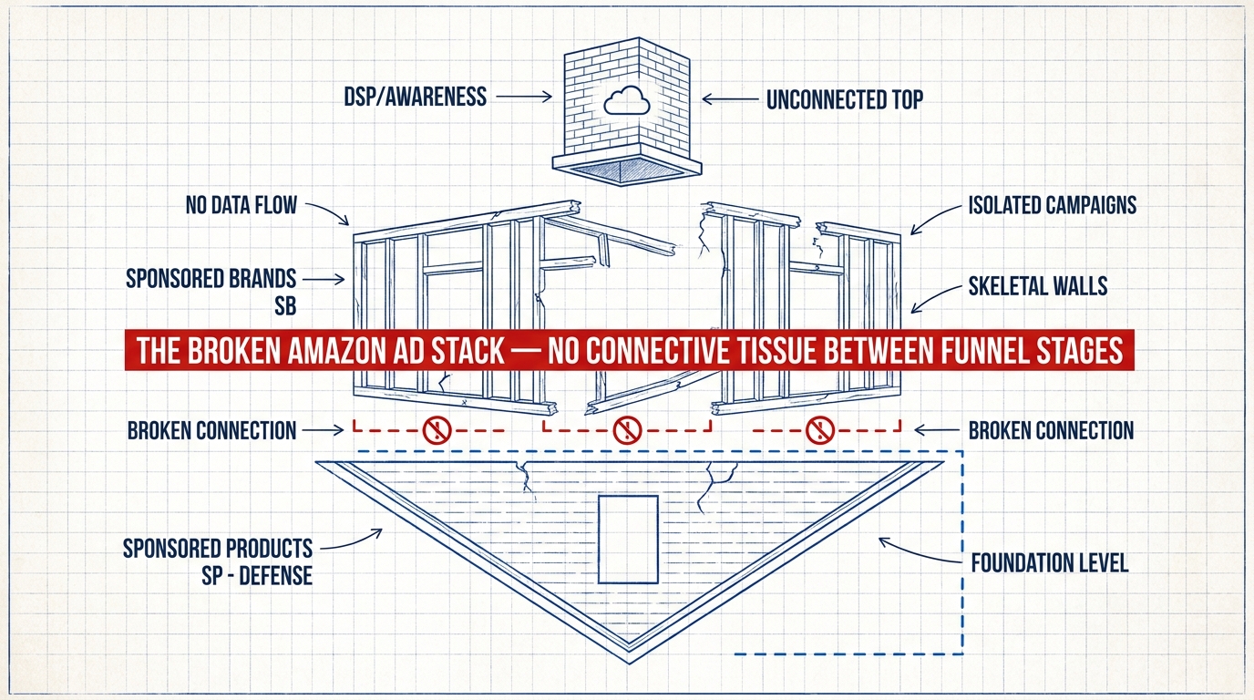 Architectural blueprint of a broken Amazon PPC stack showing disconnected ad format layers with no connective tissue between funnel stages