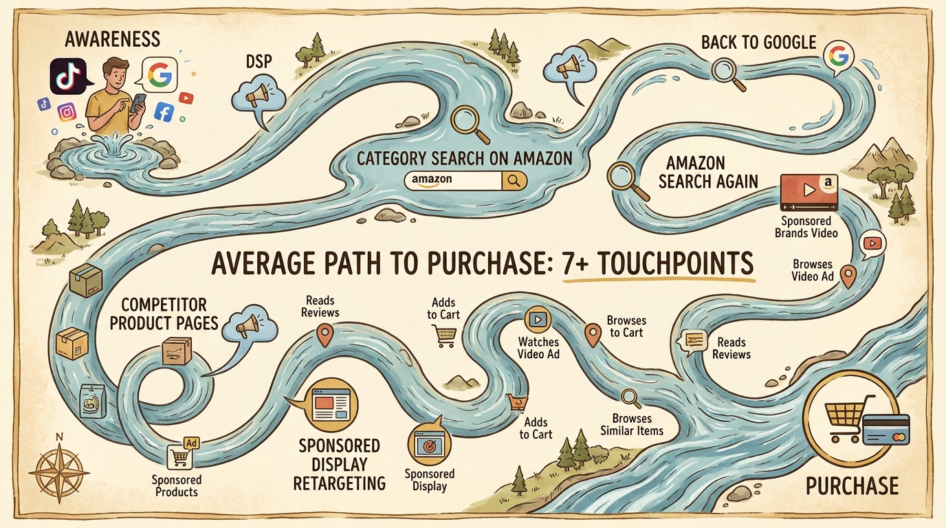 Non-linear Amazon purchase journey map showing a shopper's winding path through multiple touchpoints including DSP, Sponsored Brands Video, Sponsored Display, and Sponsored Products before purchase