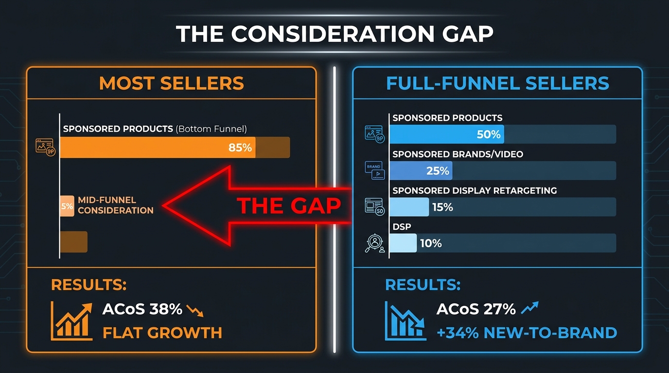 Split-screen infographic comparing budget allocation between typical sellers with 85% Sponsored Products and 5% mid-funnel versus full-funnel sellers with balanced allocation showing ACoS improvements and higher new-to-brand rate