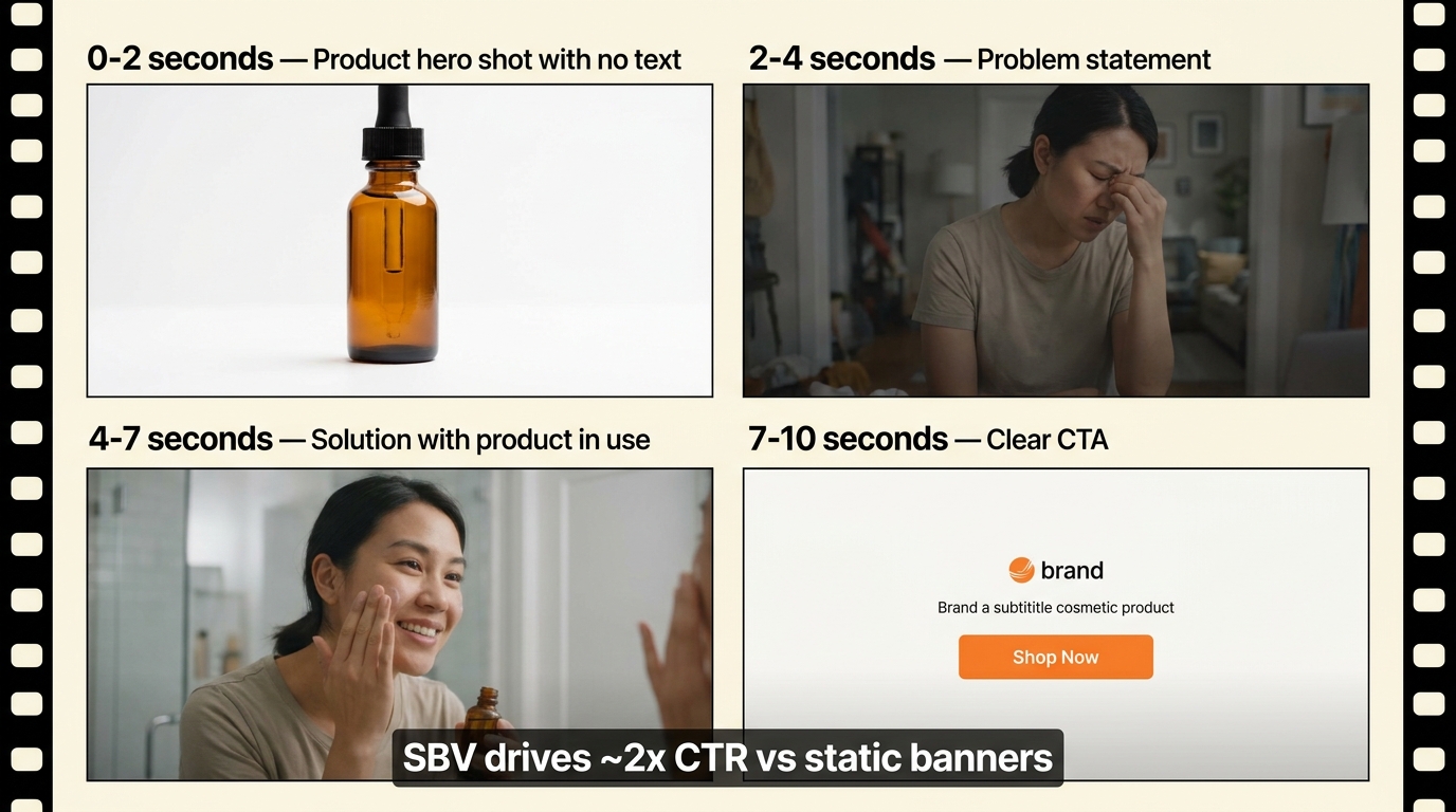 Four-frame storyboard showing the anatomy of an effective Amazon Sponsored Brands Video ad with timing labels and the stat that SBV drives approximately 2x CTR versus static banners