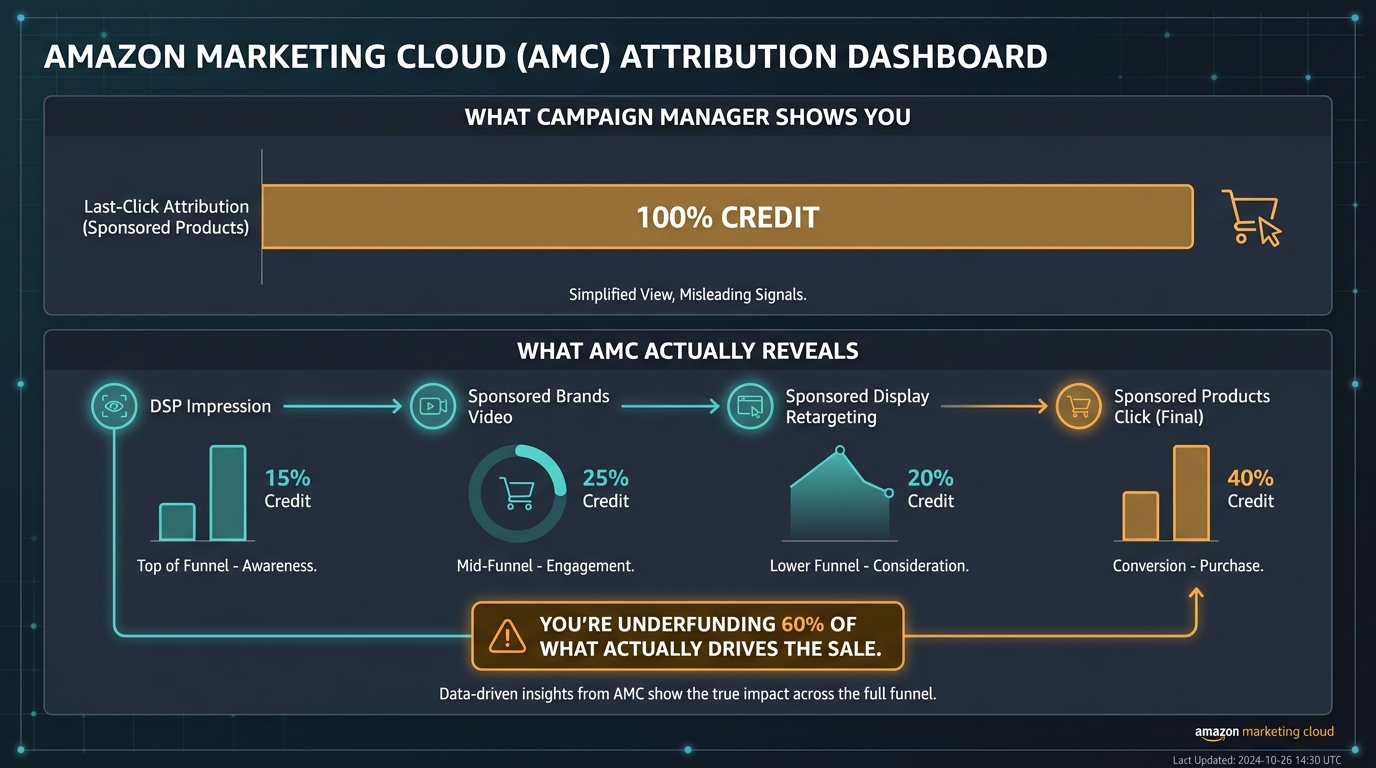 Amazon Marketing Cloud attribution dashboard showing the contrast between last-click attribution crediting only the final SP click versus multi-touch attribution revealing distributed credit across DSP, Sponsored Brands Video, Sponsored Display, and Sponsored Products