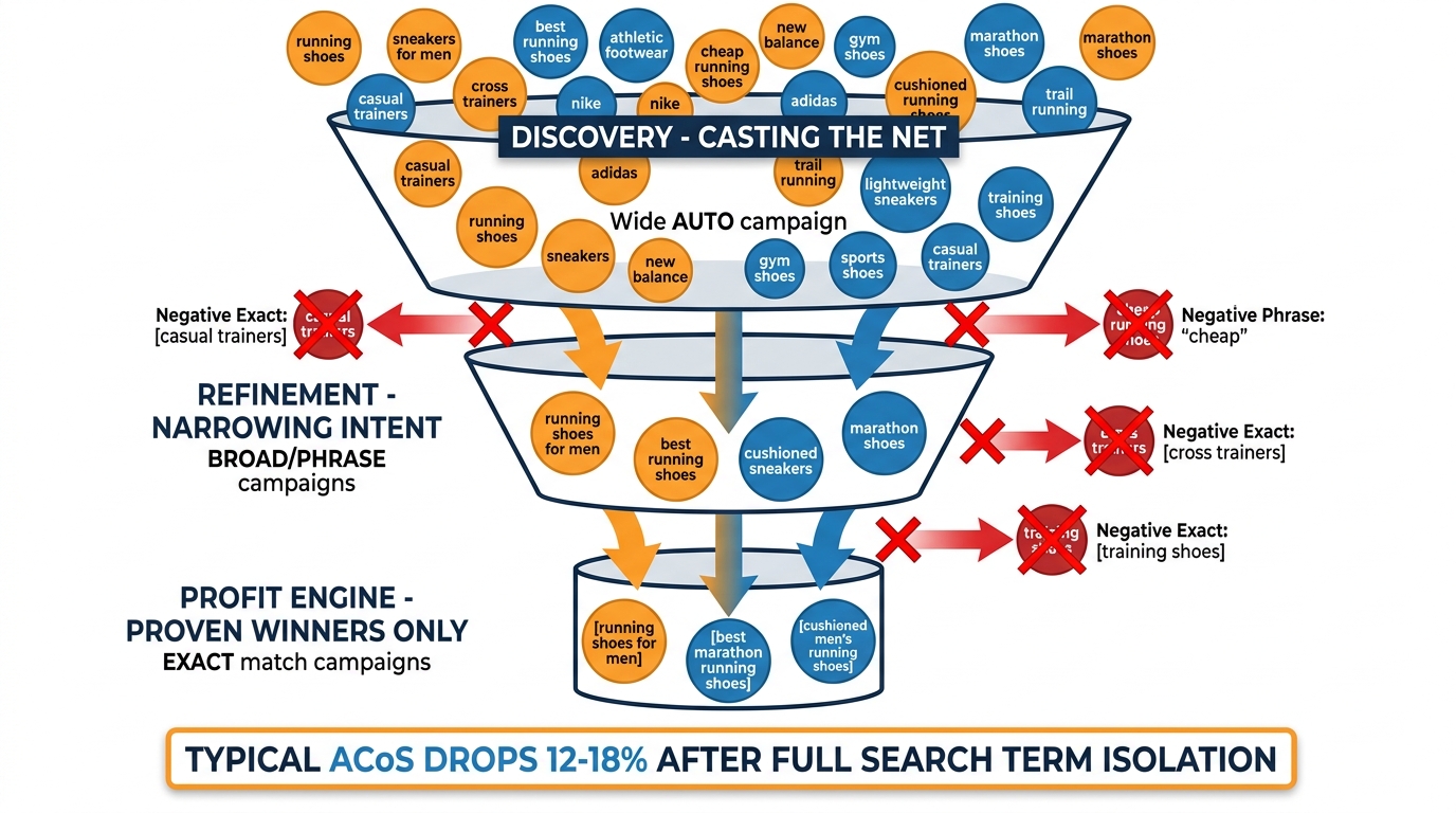 Keyword graduation funnel diagram showing the Amazon PPC search term isolation workflow from AUTO discovery campaigns through BROAD and PHRASE refinement to EXACT match profit engine campaigns