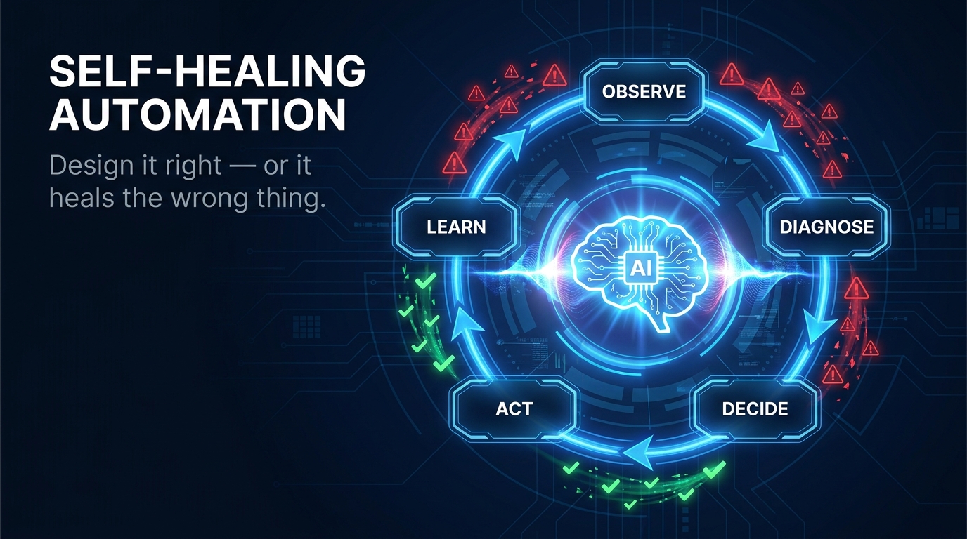 Self-healing AI automation feedback loop diagram showing the OBSERVE, DIAGNOSE, DECIDE, ACT, LEARN cycle