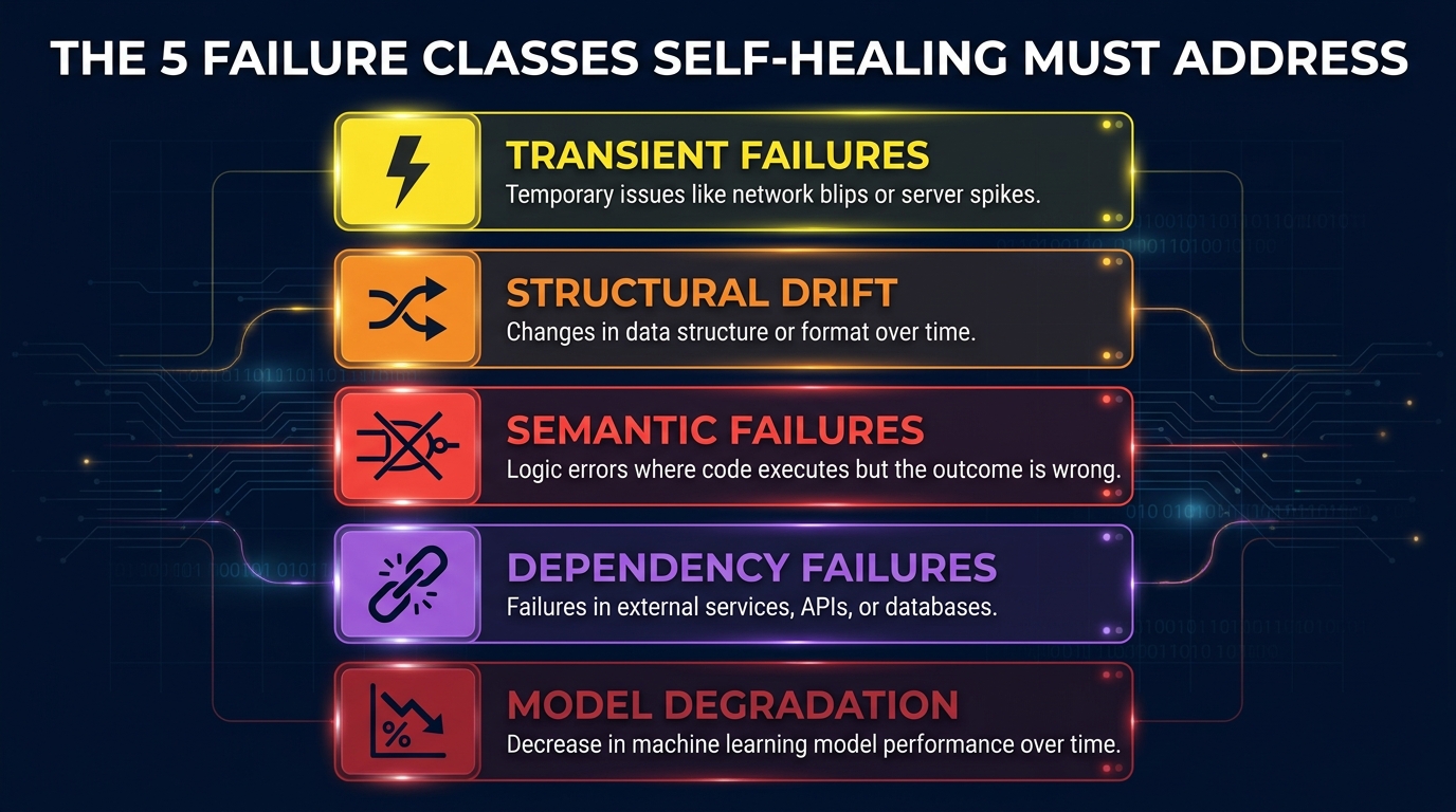 Infographic showing the five failure classes that self-healing automation must address: transient, structural drift, semantic, dependency, and model degradation