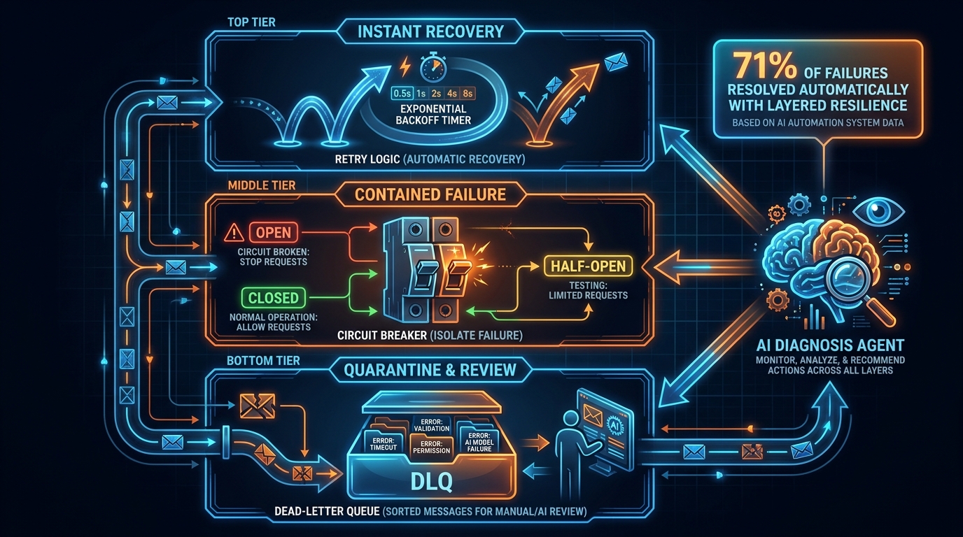Layered resilience architecture showing retry logic, circuit breakers, and dead-letter queues with AI diagnosis agent