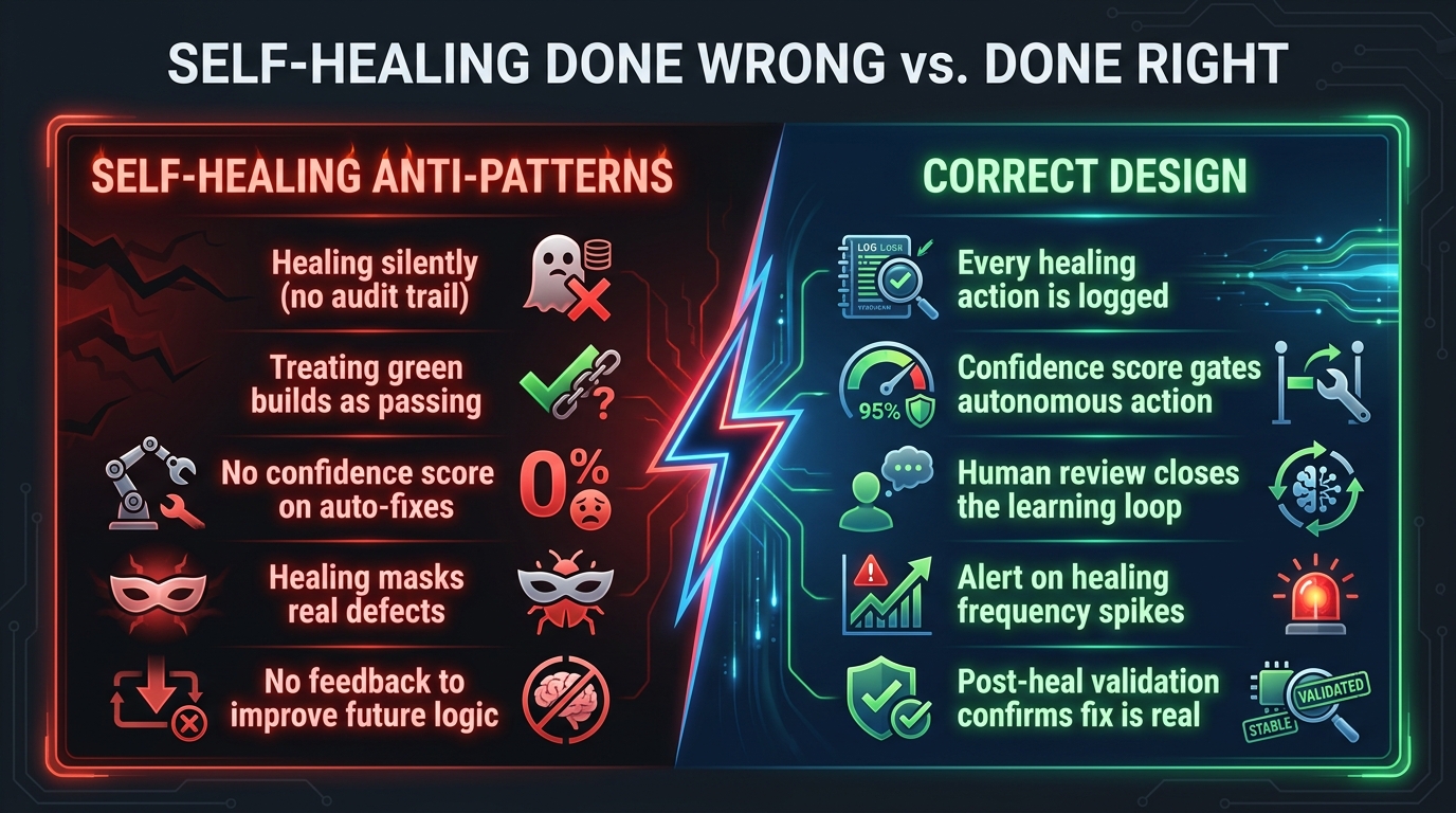 Split comparison showing self-healing anti-patterns versus correct design practices for AI automation systems