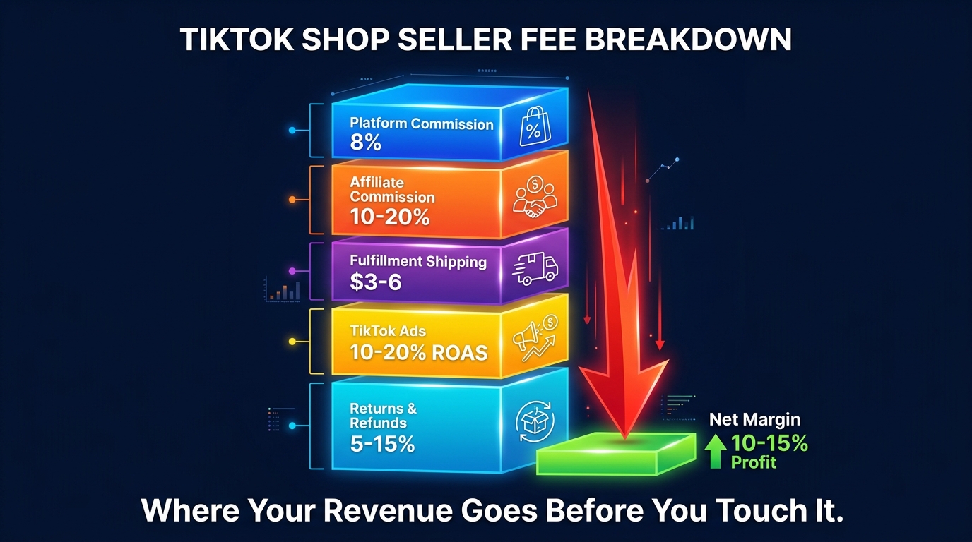 TikTok Shop fee stack breakdown infographic showing where seller revenue goes before profit