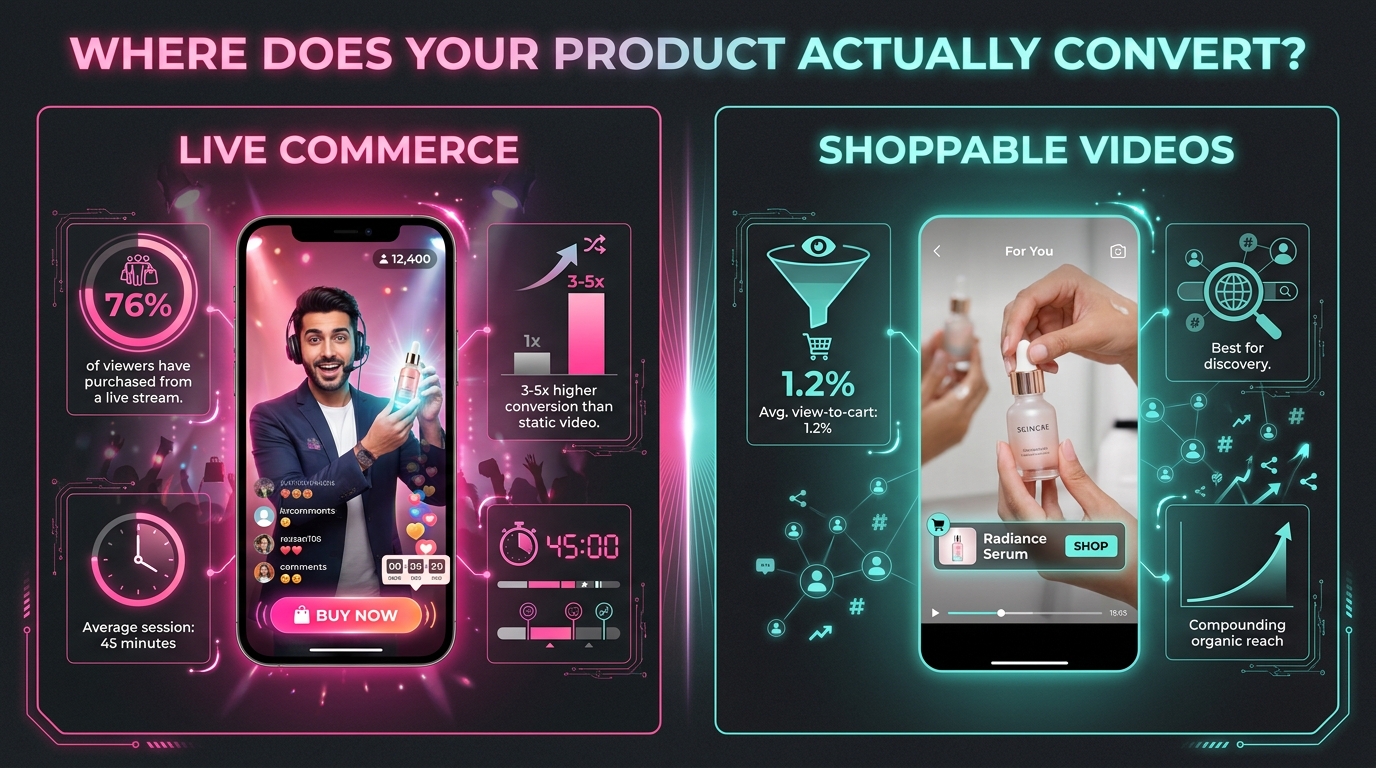TikTok Shop Live Commerce vs Shoppable Videos — conversion rates and when to use each format