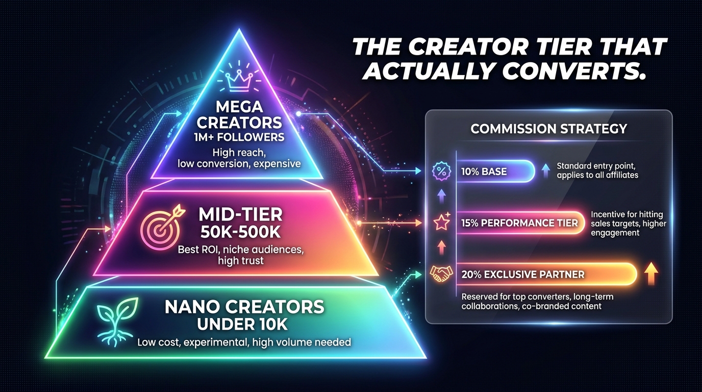 TikTok Shop affiliate creator tier strategy pyramid showing which creator size delivers best ROI