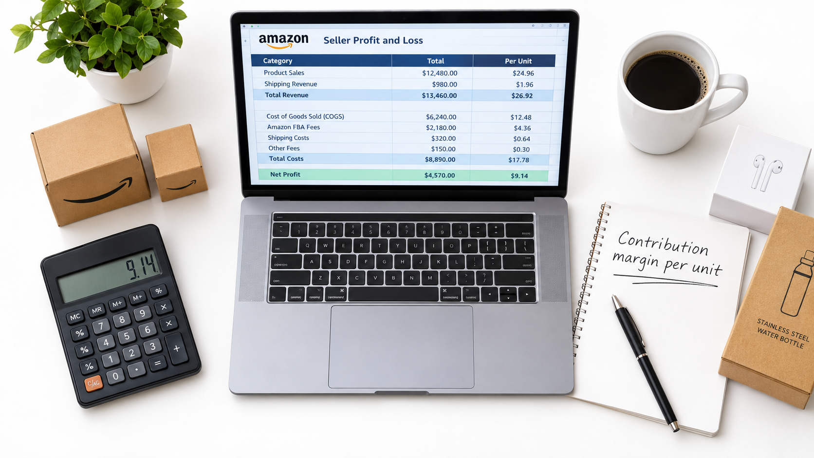 Desk with laptop showing an Amazon seller profit spreadsheet, calculator and product boxes