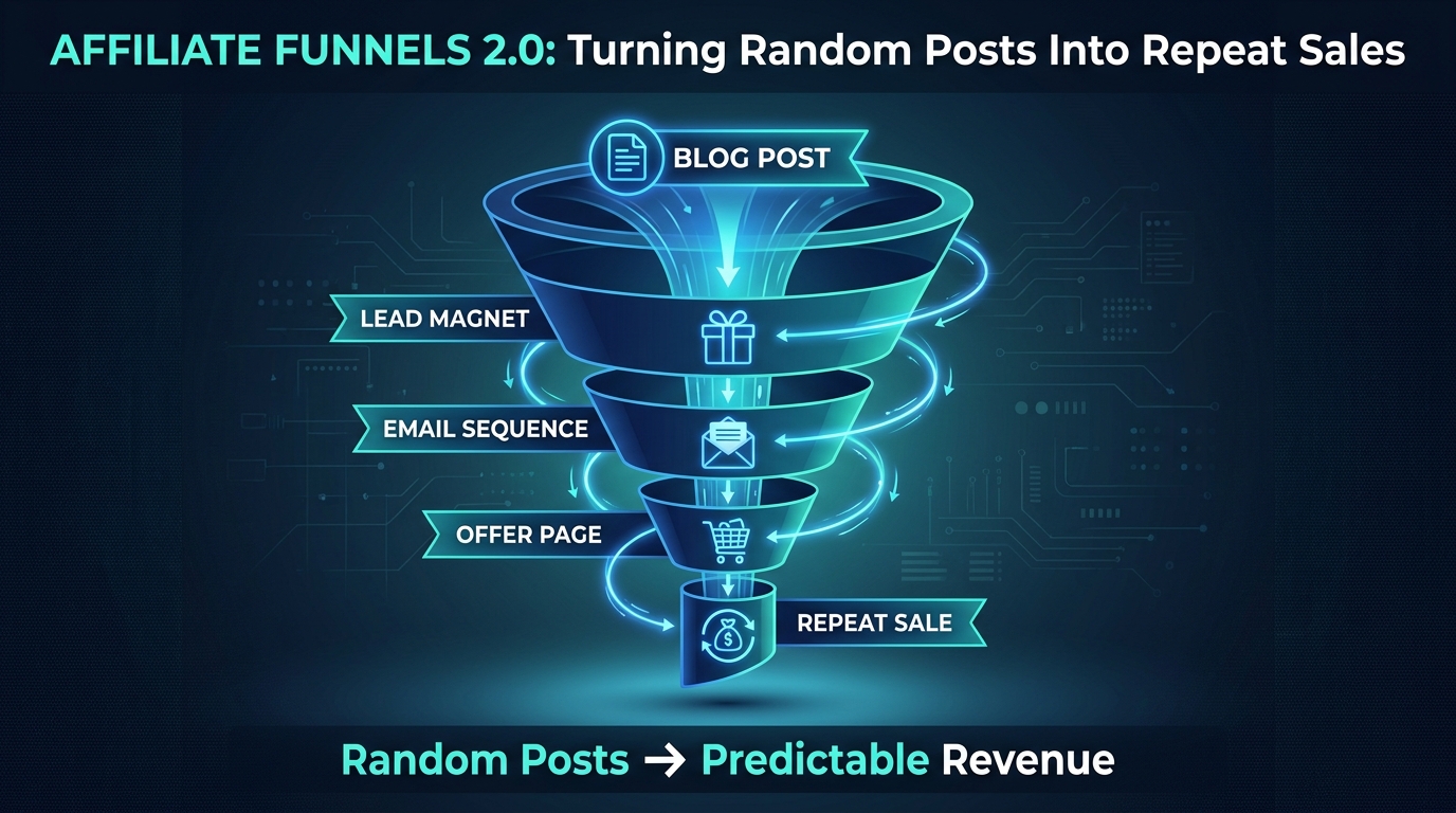 Affiliate Funnels 2.0 infographic showing a funnel from Blog Post through Lead Magnet, Email Sequence, and Offer Page to Repeat Sale