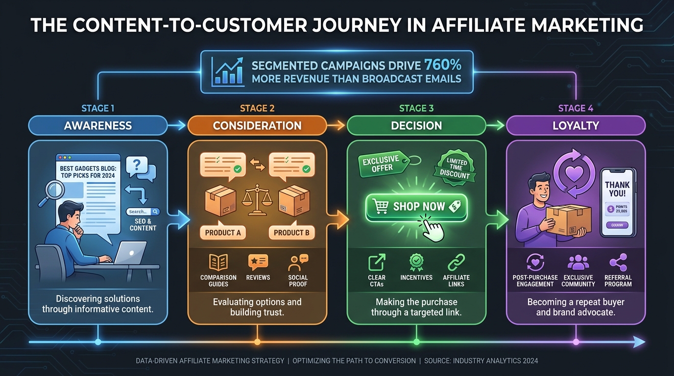 The Content-to-Customer Journey: four stages from Awareness through Consideration, Decision, and Loyalty with the stat that segmented campaigns drive 760% more revenue