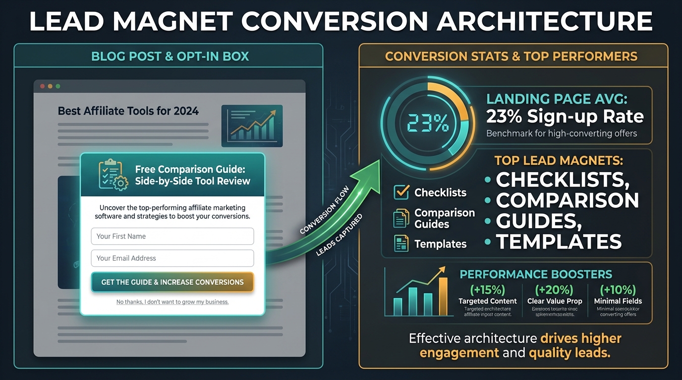 Lead Magnet Conversion Architecture showing a 23% average sign-up rate on landing pages and the top-performing lead magnet types for affiliate sites