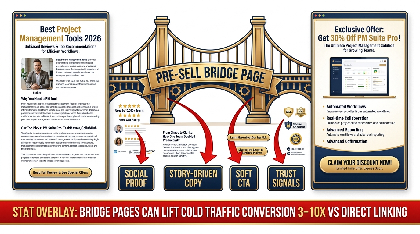 Bridge page architecture diagram showing the pre-sell page between a blog post and an affiliate offer, with key elements including social proof, story-driven copy, and trust signals, plus the stat that bridge pages lift cold traffic conversion 3–10x