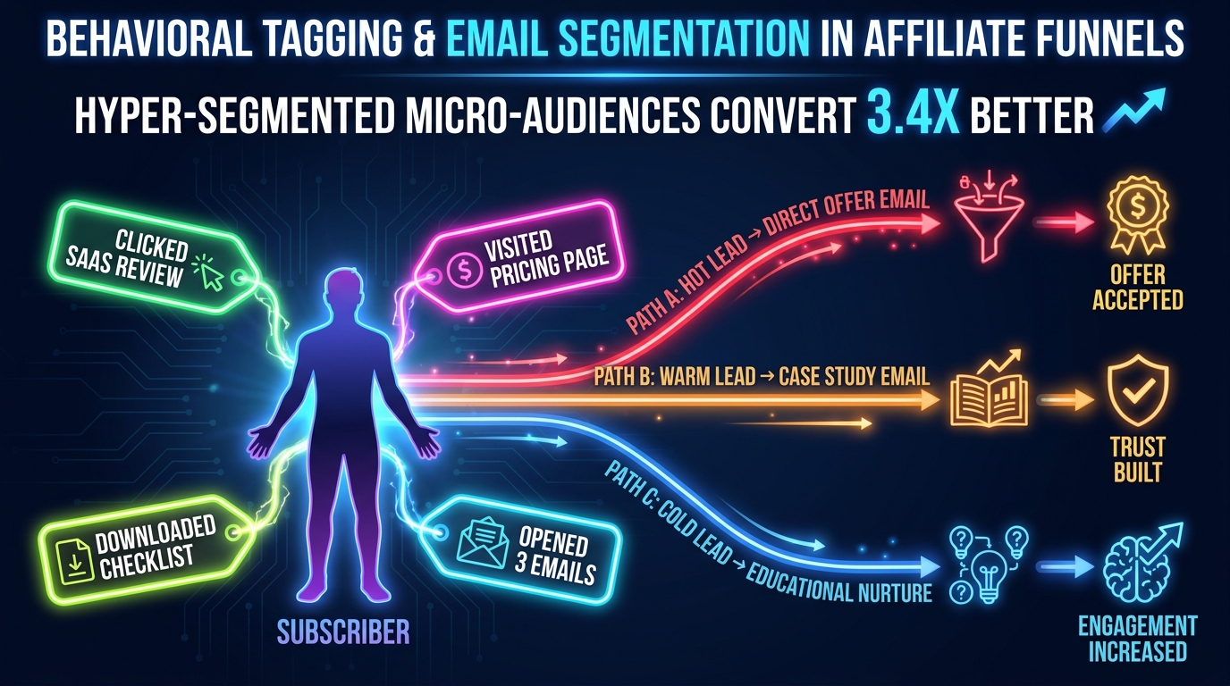 Behavioural tagging and email segmentation diagram showing how subscriber tags like 'Clicked SaaS Review' and 'Downloaded Checklist' route people to different email paths, with the stat that hyper-segmented audiences convert 3.4x better