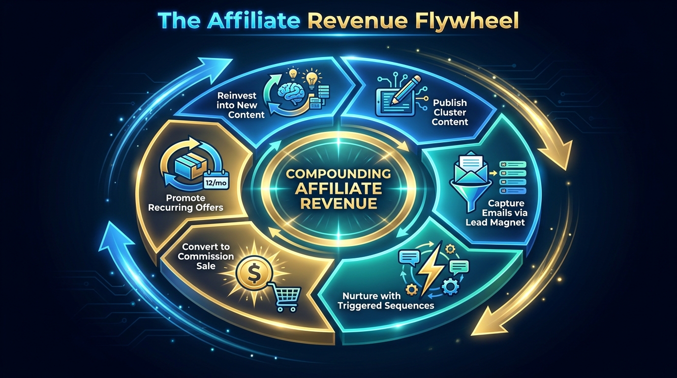 The Affiliate Revenue Flywheel diagram showing six compounding stages from publishing cluster content through capturing emails, nurturing with sequences, converting to commissions, promoting recurring offers, and reinvesting into new content