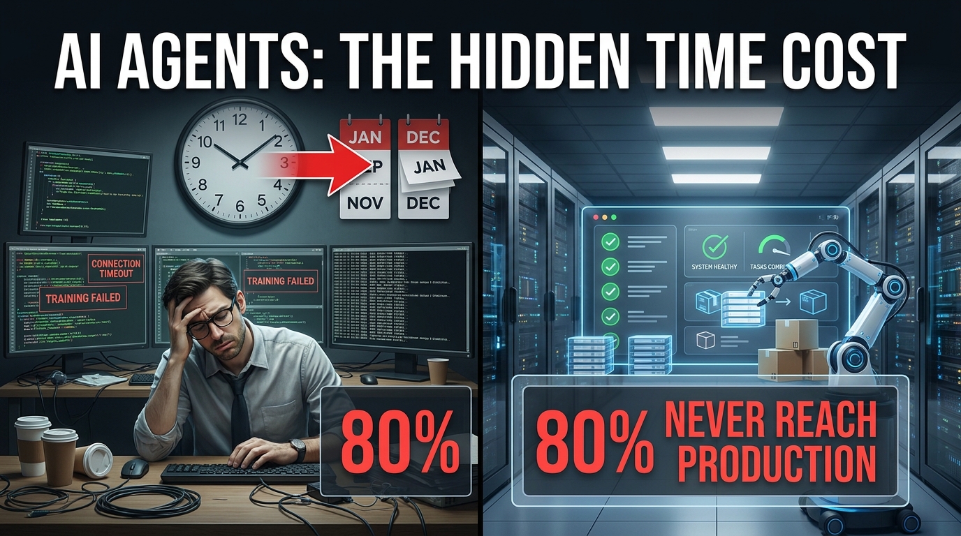 AI Agents: The Hidden Time Cost — developer burnout vs production success split-screen