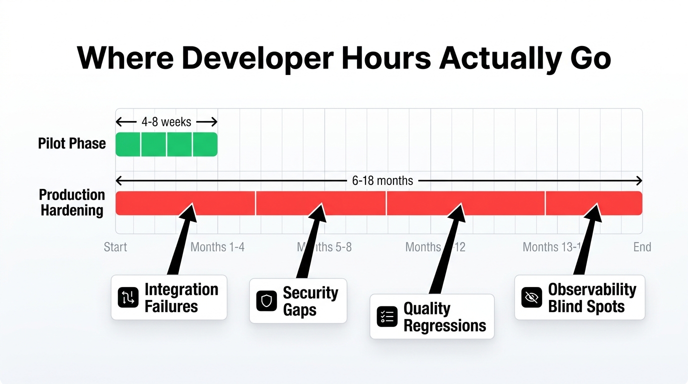 Timeline infographic showing pilot phase taking weeks but production hardening taking months