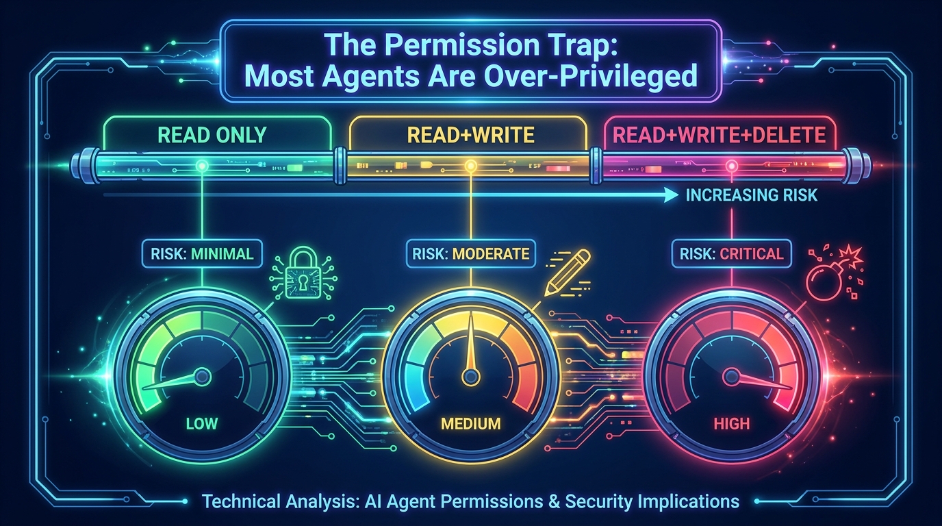 AI agent permission risk spectrum from read-only to read-write-delete with risk gauges