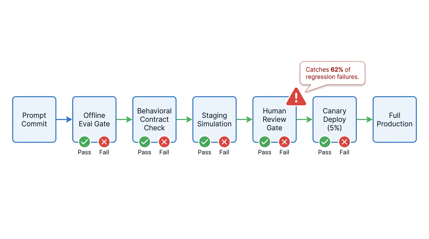 AI agent CI/CD pipeline diagram with evaluation gates, behavioral contract checks, and canary deploy stages