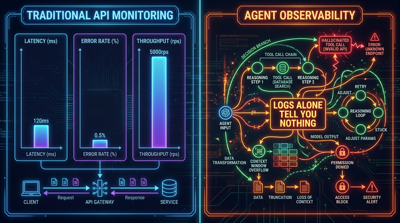 Two-panel comparison: traditional API monitoring with clean bar charts versus AI agent observability with complex multi-step reasoning traces