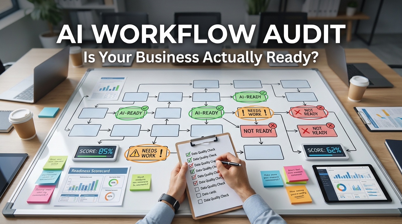 AI Workflow Audit — Is Your Business Actually Ready? A process flow diagram with green, orange, and red nodes showing workflow readiness levels.