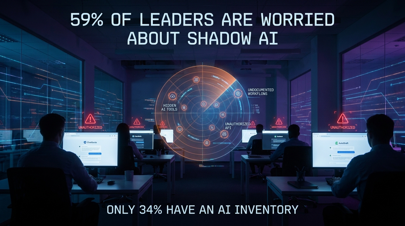 Shadow AI in the workplace: 59% of leaders are worried about shadow AI, and only 34% have an AI inventory — employees using unauthorized AI tools in a corporate setting.