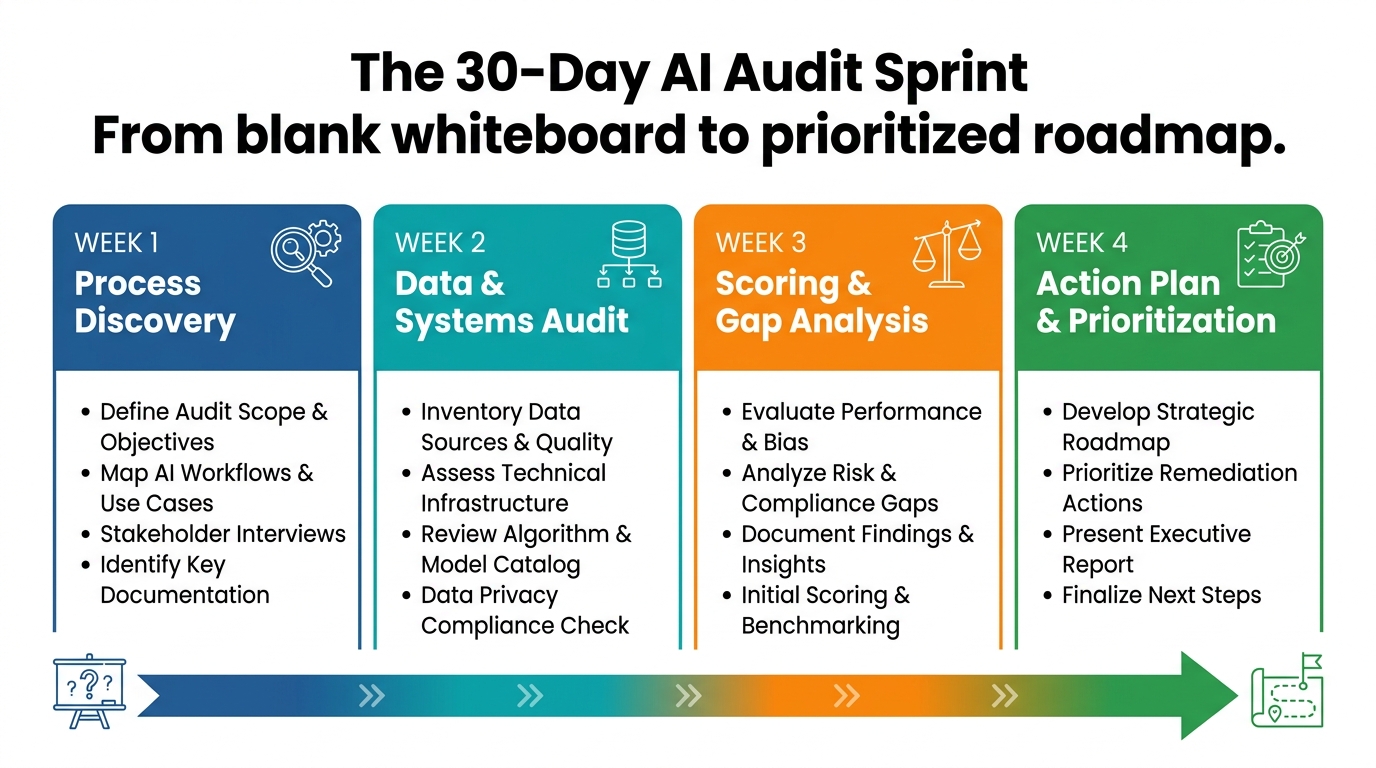 30-Day AI Audit Sprint timeline: Week 1 Process Discovery, Week 2 Data and Systems Audit, Week 3 Scoring and Gap Analysis, Week 4 Action Plan and Prioritization.