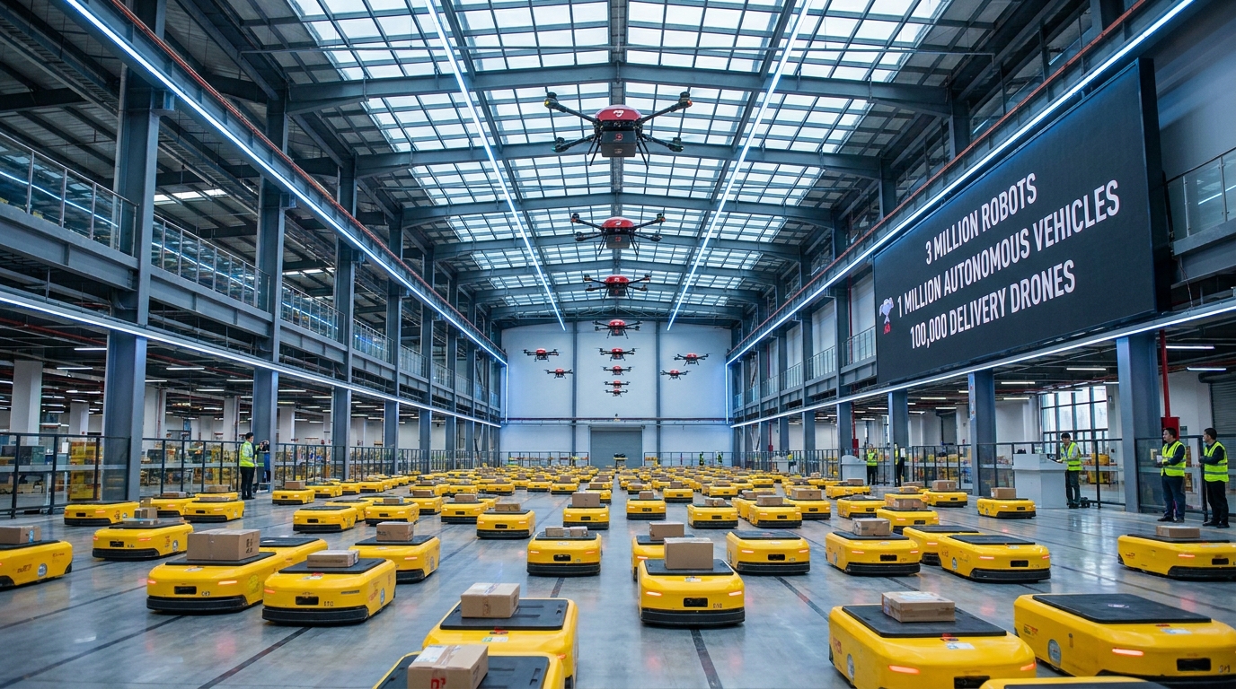 JD.com logistics warehouse with autonomous robots, delivery drones, and a scoreboard showing 3 million robots, 1 million autonomous vehicles, 100,000 delivery drones
